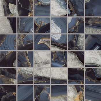 Luxurious blue agate-inspired porcelain mosaic with refined semi-matte finish, evoking timeless elegance and artistic depth.