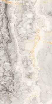 Luxurious gray porcelain tile with elegant travertine-inspired veining and a refined semi-gloss finish.