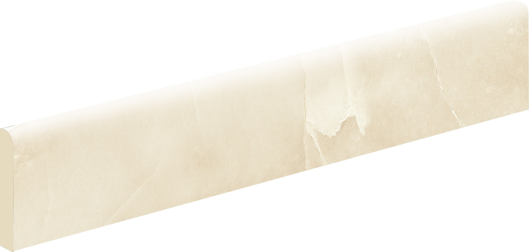 Elegant almond porcelain bullnose trim with a softly textured travertine look, radiating timeless luxury and refined harmony.