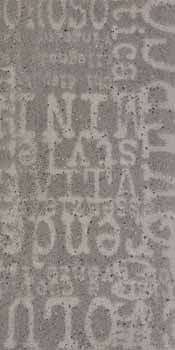 Rectified matte porcelain tile in soft gray with subtle typographic texture, embodying industrial elegance and minimalist sophistication.