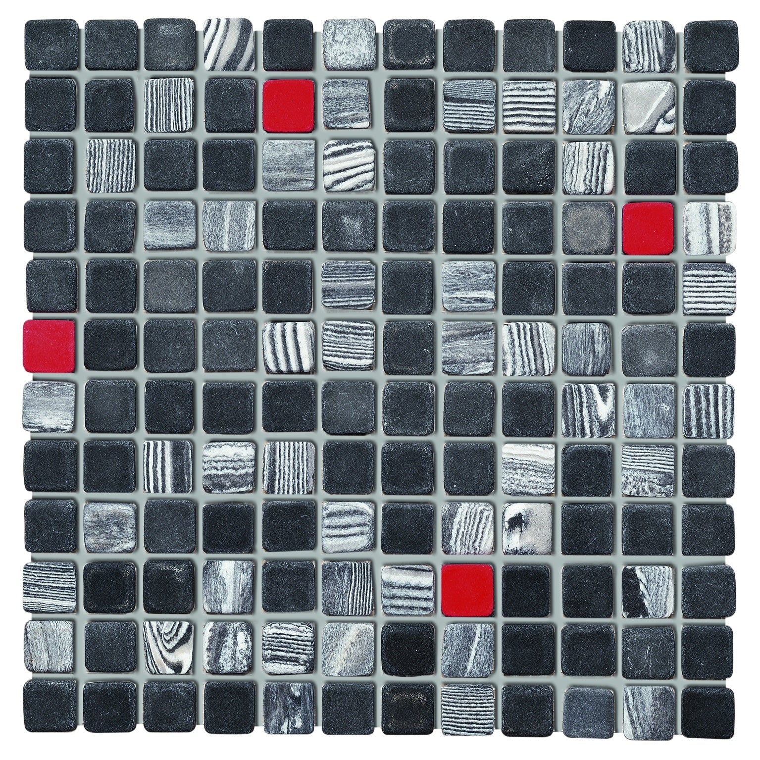 Black volcanic porcelain mosaic with a matte 3D texture, interlocking squares in a contemporary straight-stack pattern, evoking Iceland's raw elegance.