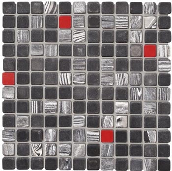 Black volcanic porcelain mosaic with a matte 3D texture, interlocking squares in a contemporary straight-stack pattern, evoking Iceland's raw elegance.