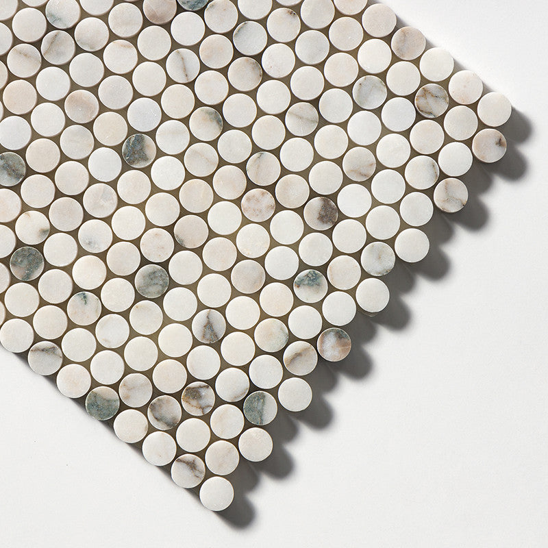 CALACATTA GREEN: Penny Round Marble Mosaic (honed | 11"x11"x1/4" | straight cut)