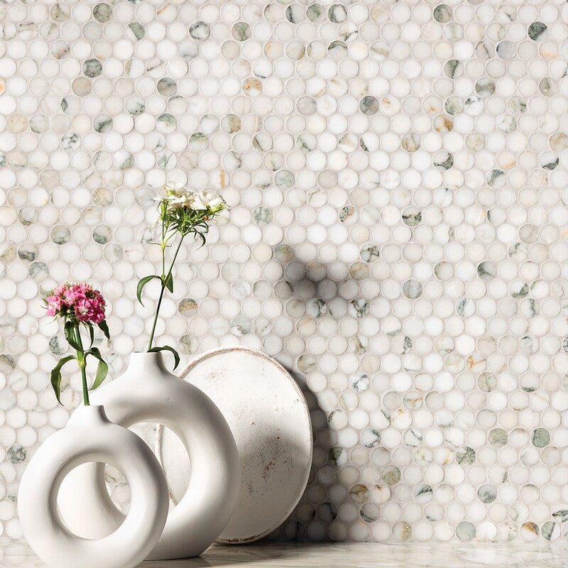 CALACATTA GREEN: Penny Round Marble Mosaic (honed | 11"x11"x1/4" | straight cut)