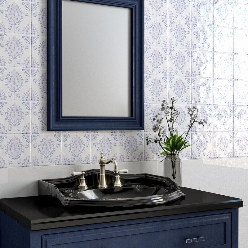 ANTIQUED MALLORCA: Indigo Wash Tulips Glazed Terracotta Field Deco Tile (6"x6"x3/8" | glossy)