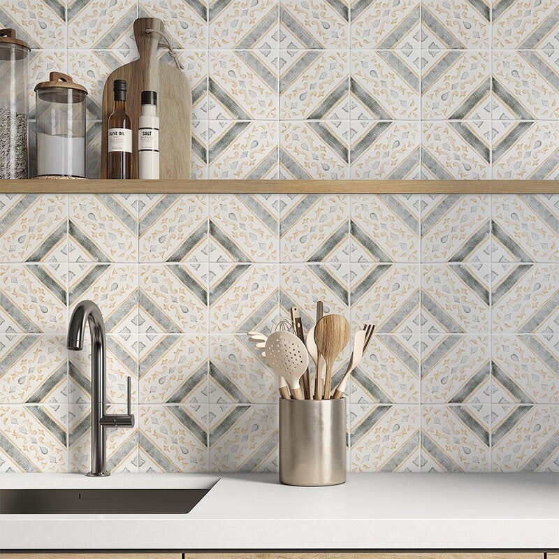MARSALA BIANCO: Rogusa Field Deco Tile (glossy | 6"x6"x3/8" | beveled)