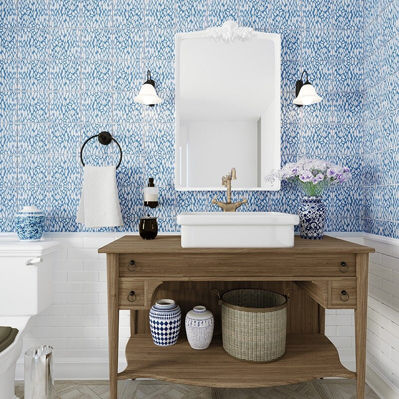 SEASIDE CERAMIC: Soft Sea Blue Fishnet Galore Field Deco Tile (glossy | 6"x6"x3/8" | beveled)