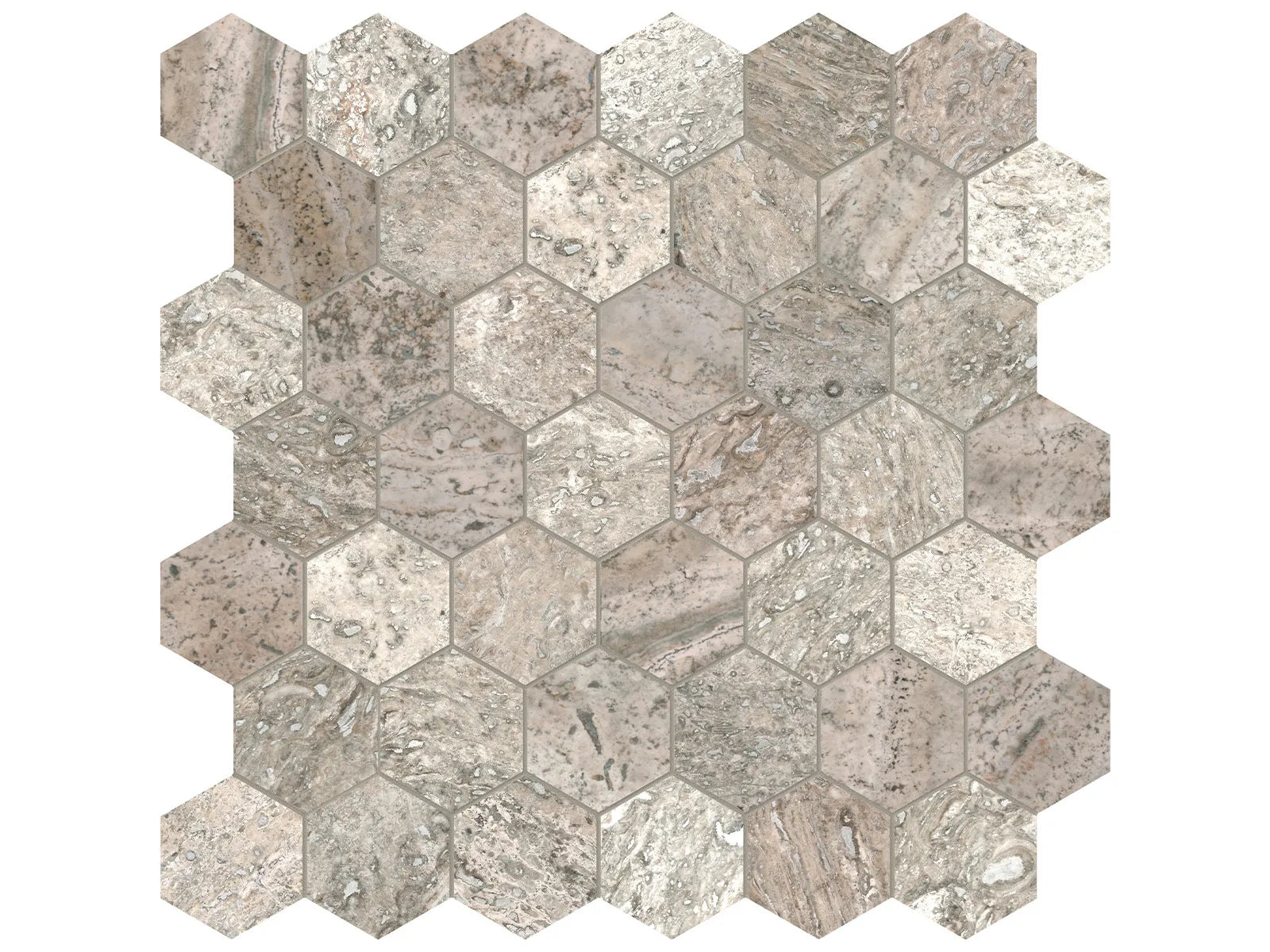 SILVER ASH: Travertine Mosaic 2 Hexagon (12¹⁄₁₆"X11⅞"X⅜" | Filled-Honed)