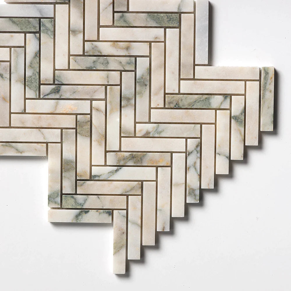 calacatta green herringbone marble mosaic 10&7_16x12&3_8x3_8 honed distributed by surface group
