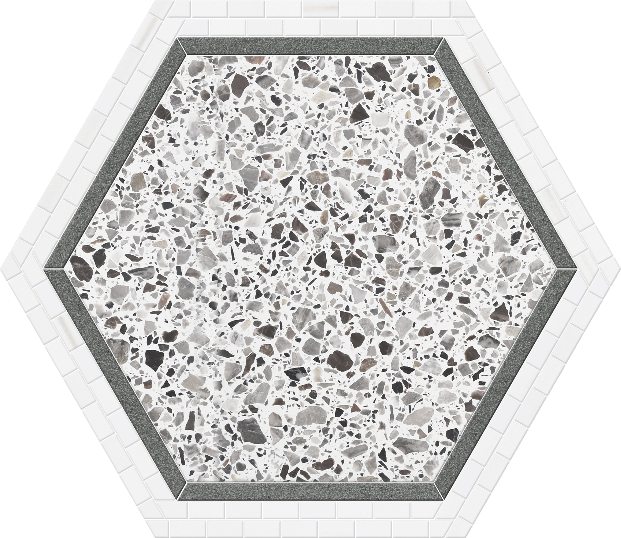 dulcet hexagon chain terrazzo 1mhgcglr natural stone mosaic product sheet made by dulcet and sold by surface group international