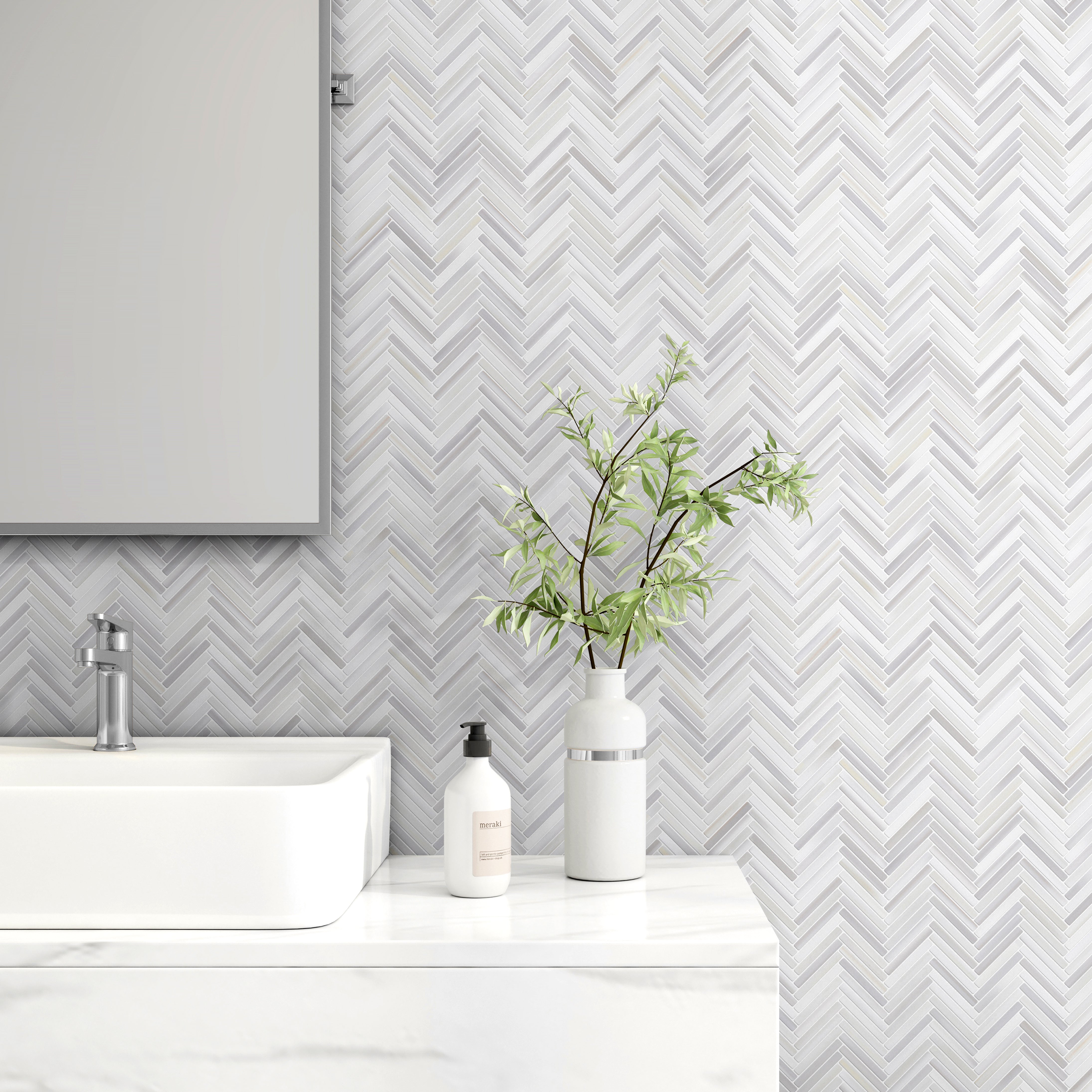 dulcet venus white mini herringbone 1mhervns natural stone mosaic interior 1 made by dulcet and sold by surface group international