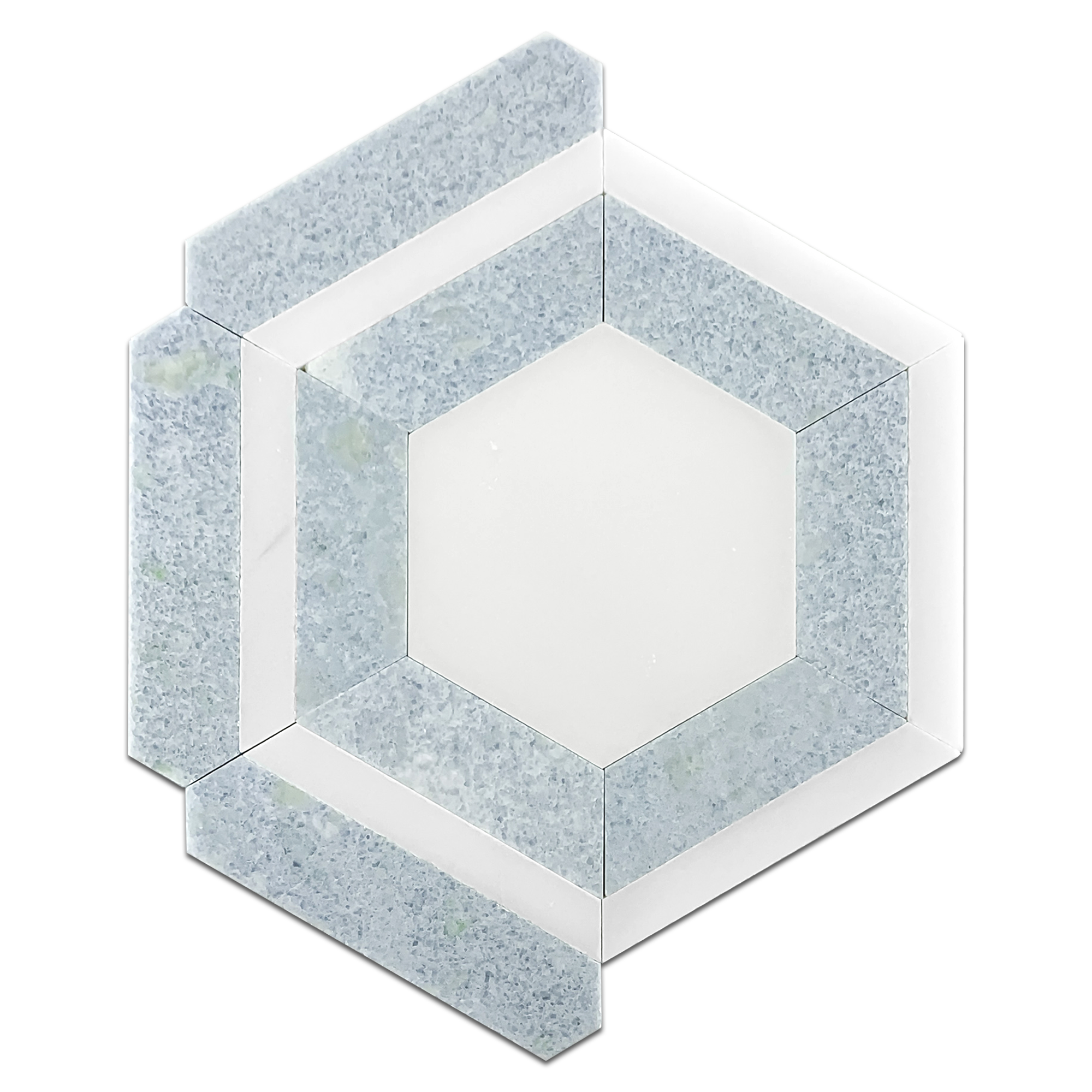 Alt text: "Elon Absolute White and Blue Celeste Marble Outlined Hexagon Field Mosaic, 11.8125x12.75x0.375, Honed Finish, by Surface Group International."