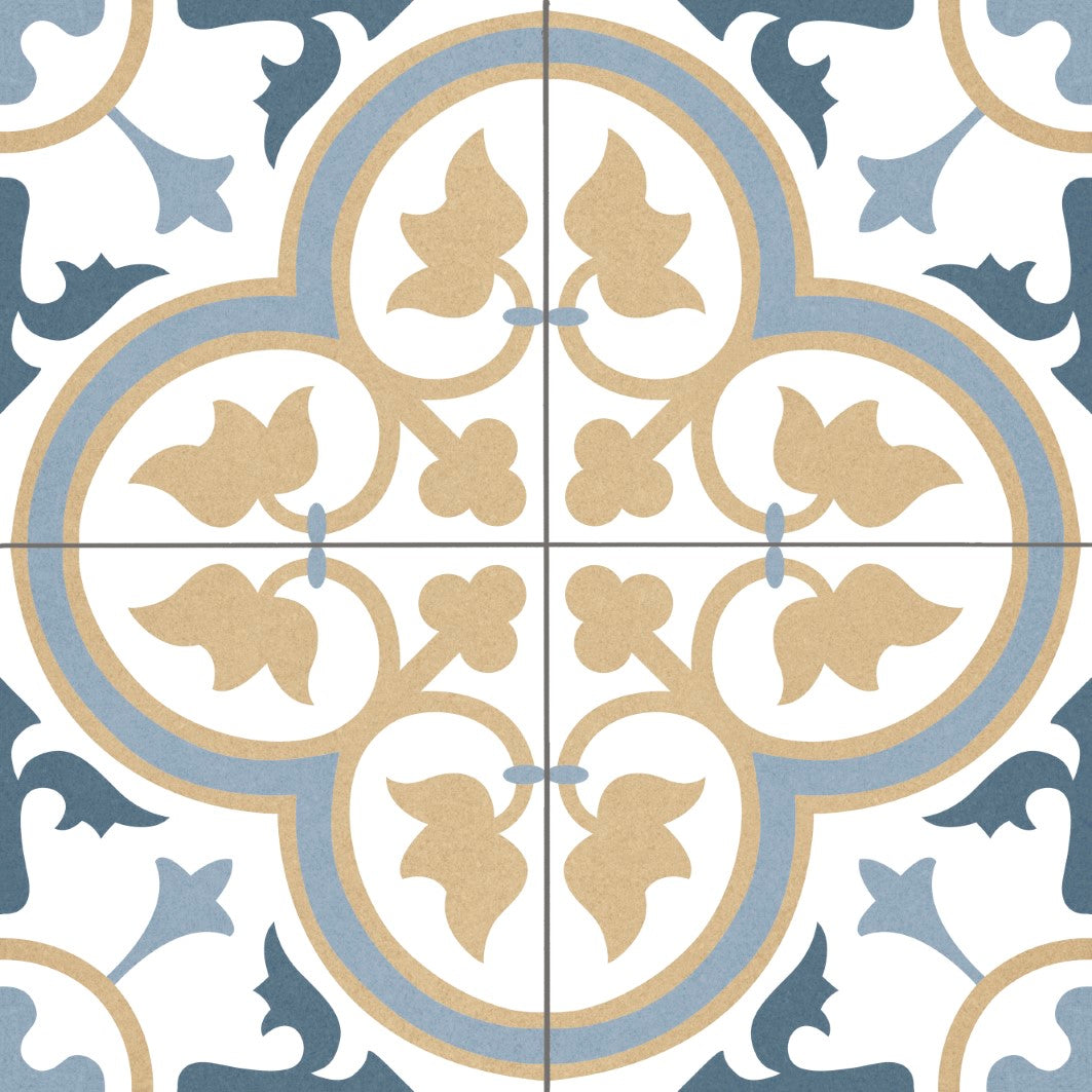 Alt text: "Elon Barcelona Deco Dover Beige 18x18 Porcelain Field Deco Tile with a matte finish, featuring elegant patterns for stylish flooring."