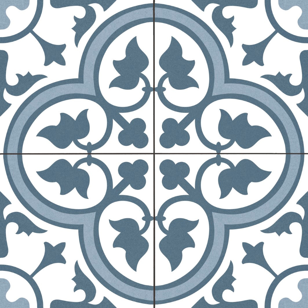 Elon Barcelona Deco Dover Blue Porcelain Field Tile, 18x18 Matte Finish, Decorative Pattern for Flooring and Walls
