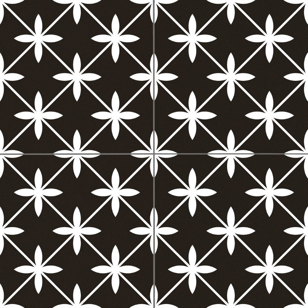 Alt text: "Elon Barcelona Deco Star Black Porcelain Tile 18x18 with a matte finish, featuring a white star pattern for stylish flooring or wall design."