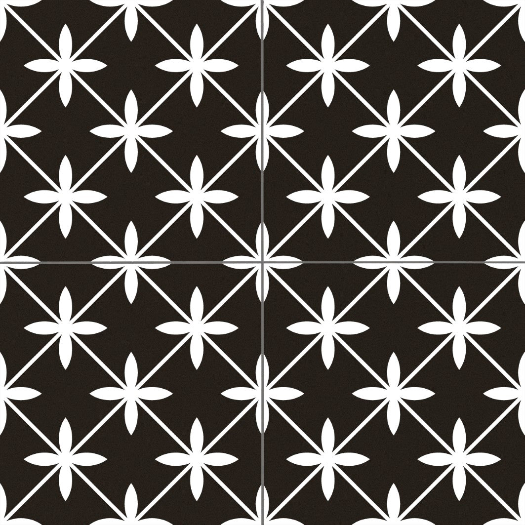 Alt text: "Elon Barcelona Deco Star Black Porcelain Tile 18x18 with a matte finish, featuring a white star pattern for stylish flooring or wall design."