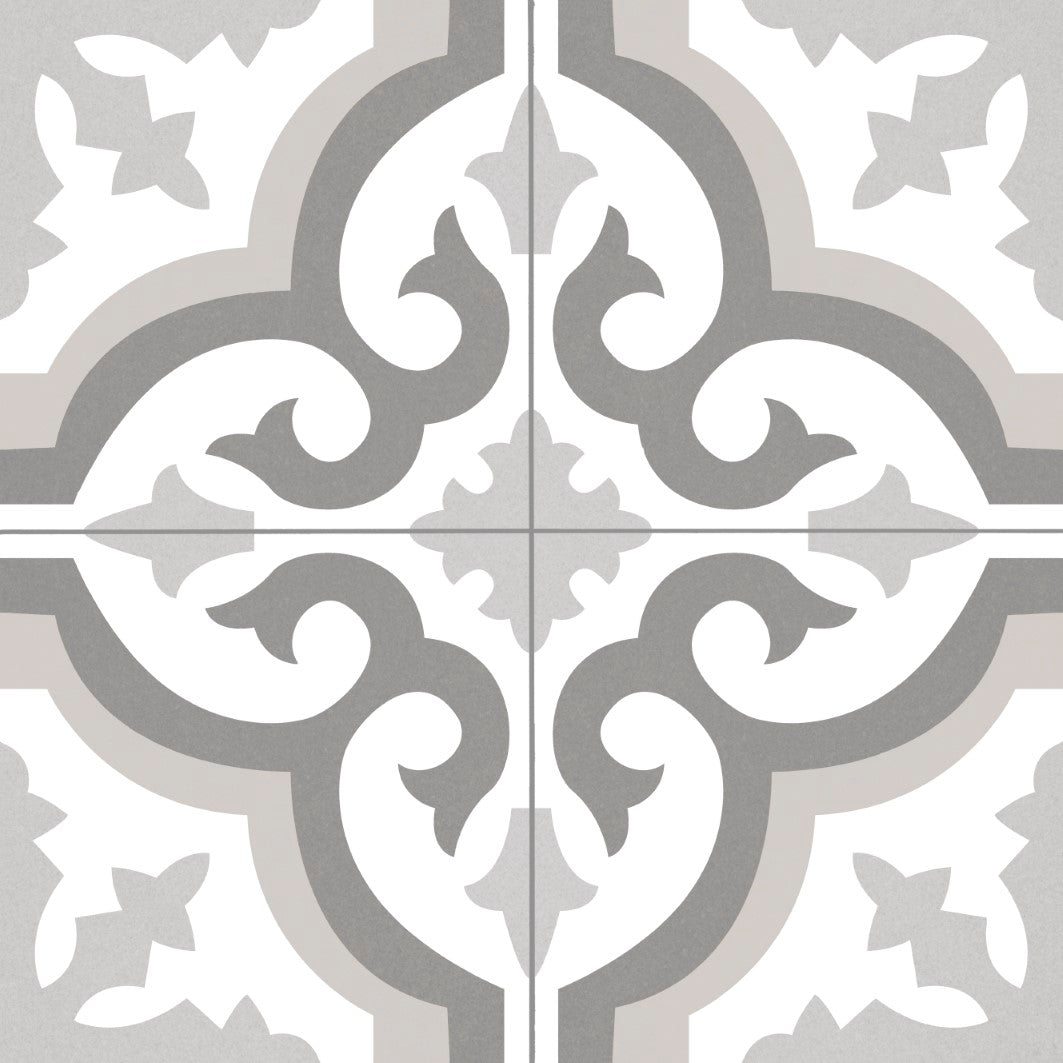 Elon Barcelona Deco Warwick Grey Porcelain Field Deco Tile 18x18 Matte Finish from Surface Group.