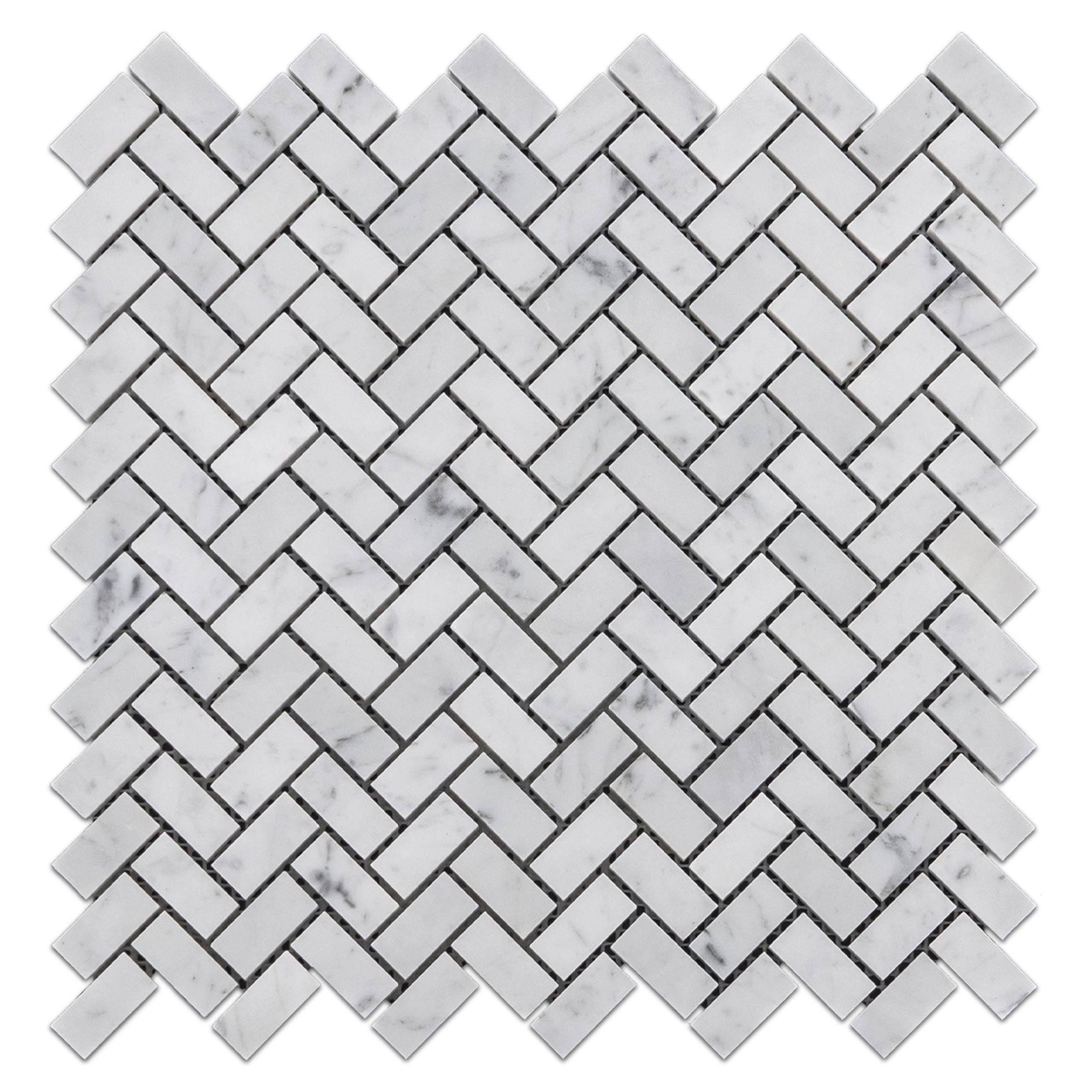 Alt text: "Elon Bianco Carrara marble herringbone field mosaic tile, 11.25x11.25x0.375 inches, polished finish, by Surface Group International."