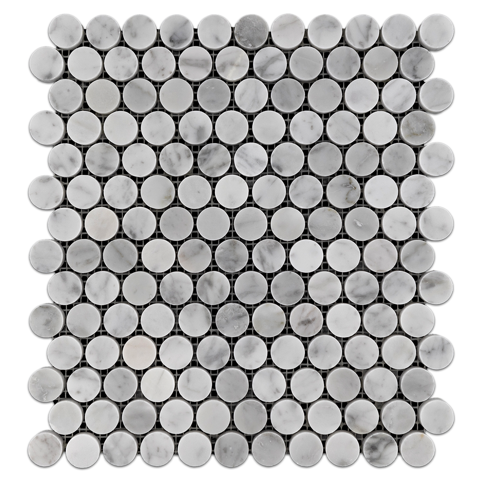 Alt text: "Elon Bianco Carrara marble 1-inch penny round field mosaic tile, 11.5625x12.875 inches, polished finish, by Surface Group International."