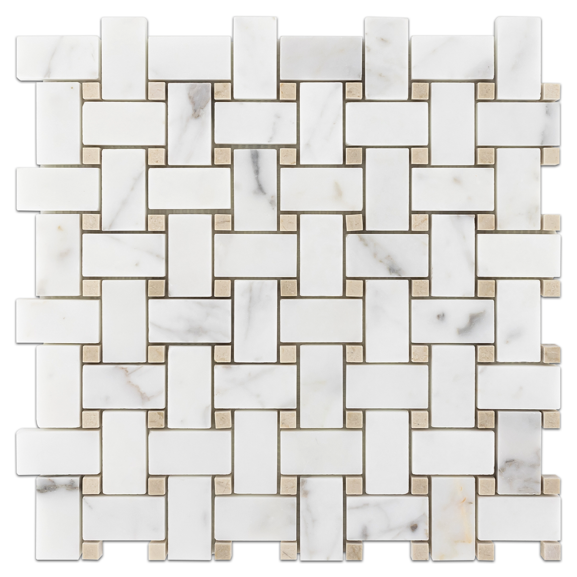 Elon Calacatta Gold Crema Marfil Marble Stone Blend Basketweave Field Mosaic 12x12x0.375 Honed AM9089H Surface Group International Product