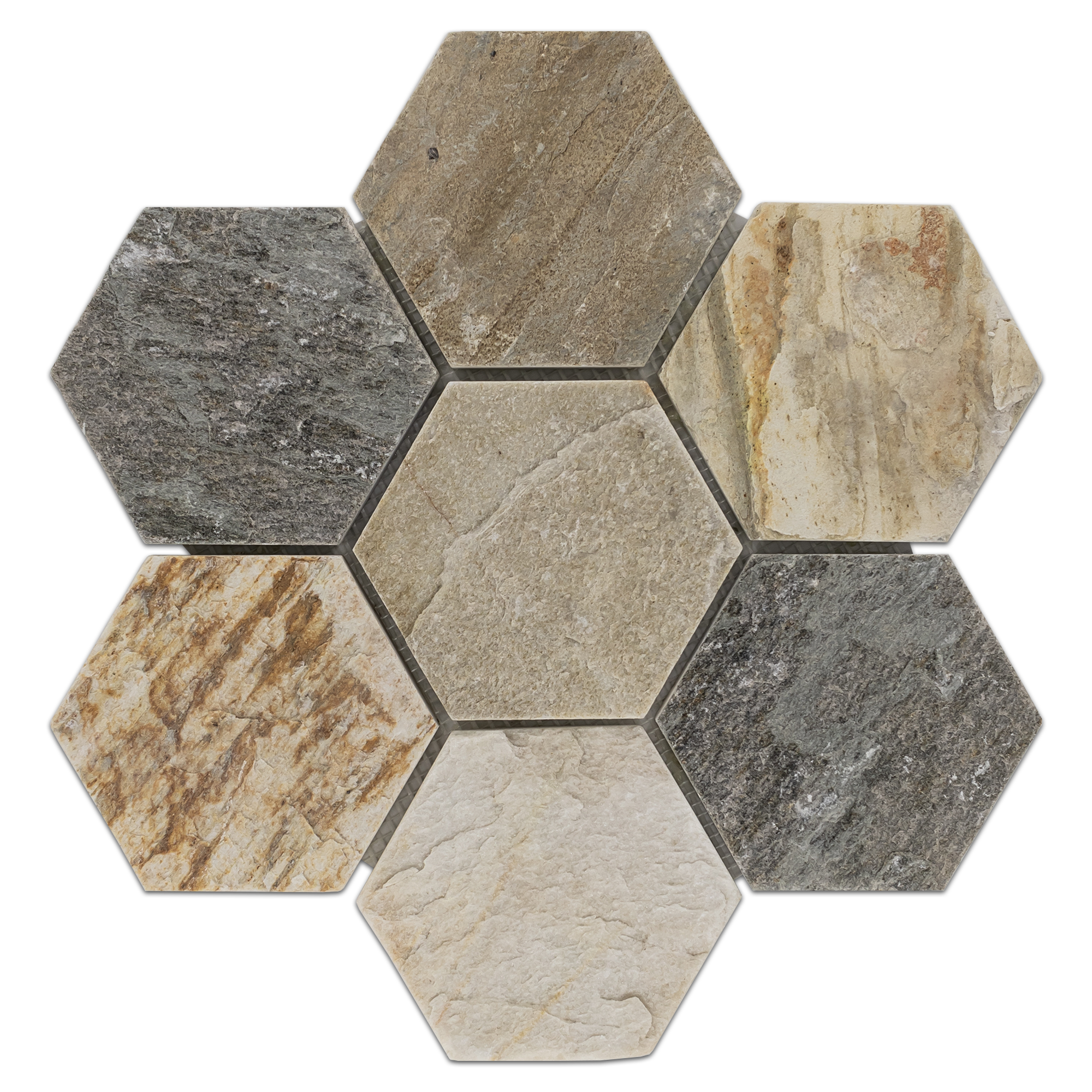 Elon Golden Sand Quartzite 5 Hexagon Field Mosaic 11.625x13.625x0.375 Cleft SL1580 Surface Group International