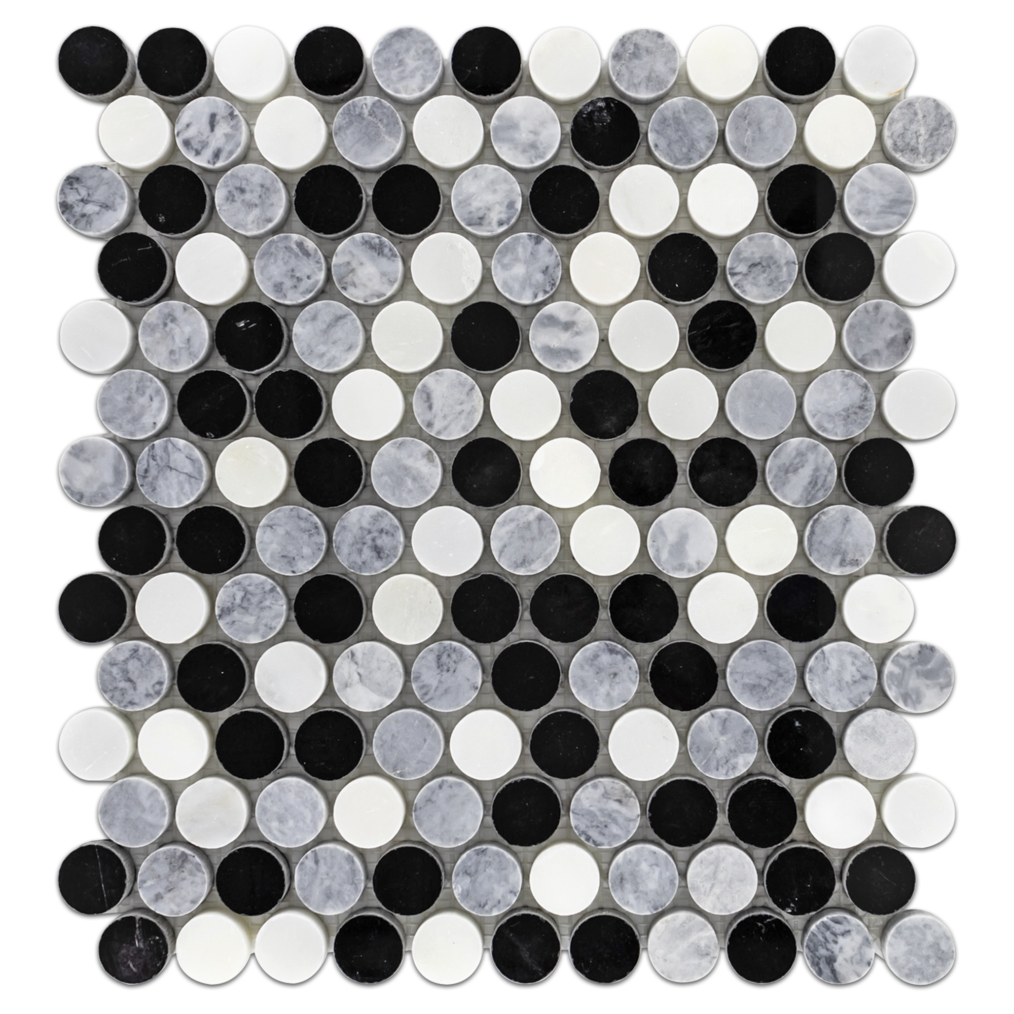 Elon Pacific Gray Black Pearl White Marble Stone Blend Penny Rounds Field Mosaic 11.5625x12.875x0.375 Polished SM1010P Surface Group International Product