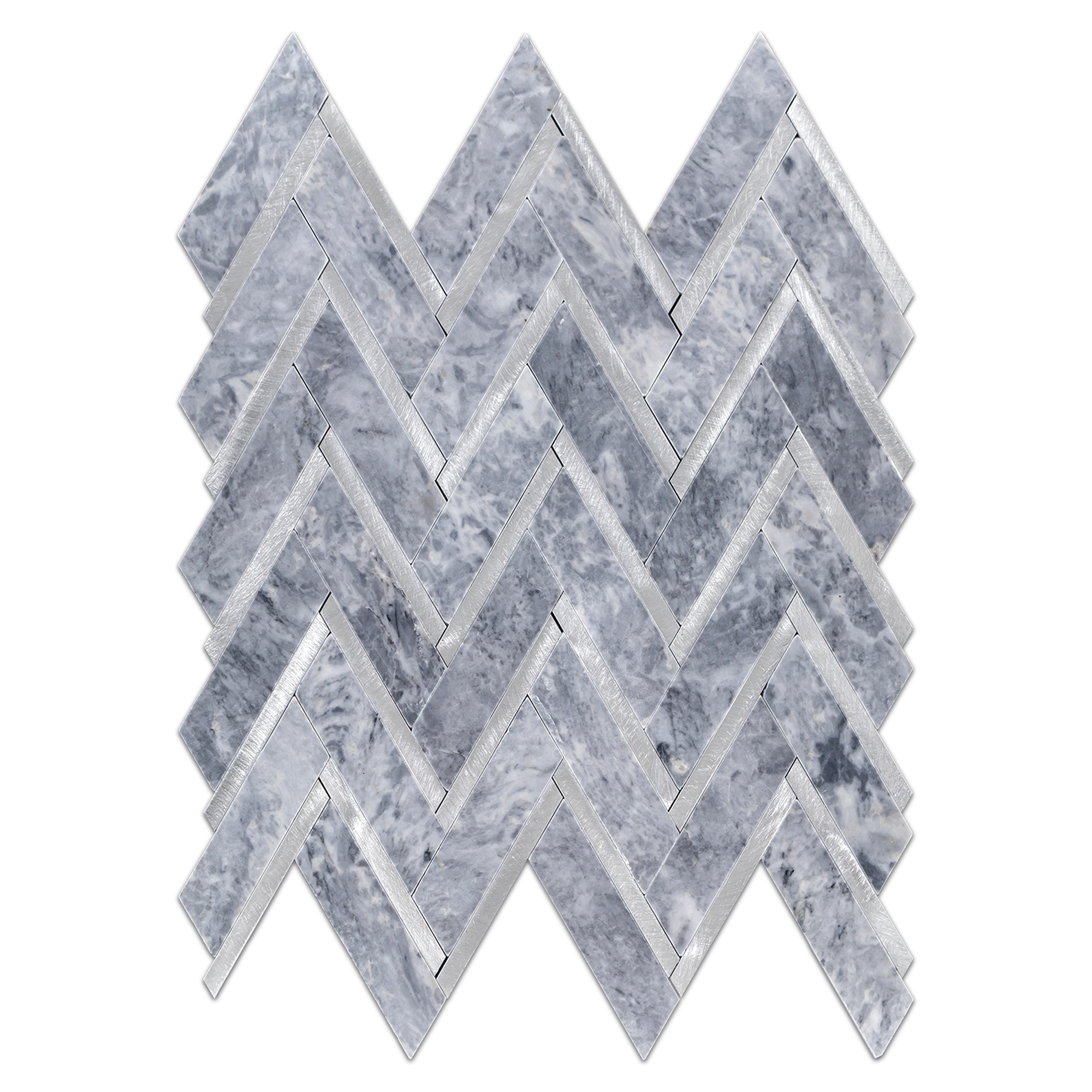 Elon Pacific Gray Silver Aluminum Marble Outlined Herringbone Field Mosaic Tile 11x13x0.375 Polished - Surface Group International
