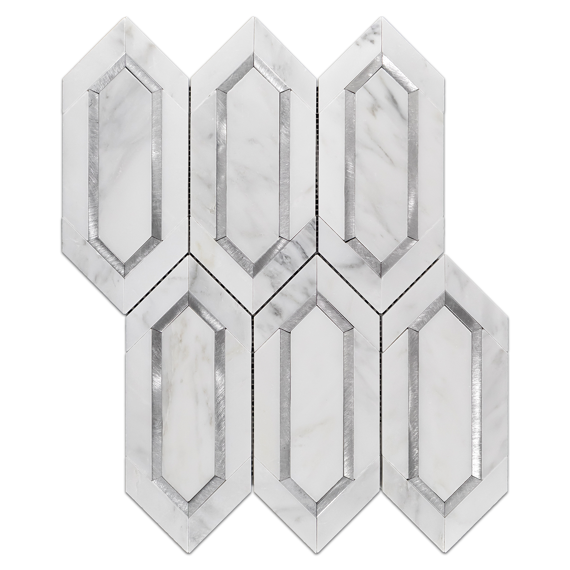 Elon Pearl White Silver Aluminum Marble Outlined Picket Field Mosaic Tile 11.5x14.3125x0.375 Polished - Surface Group International