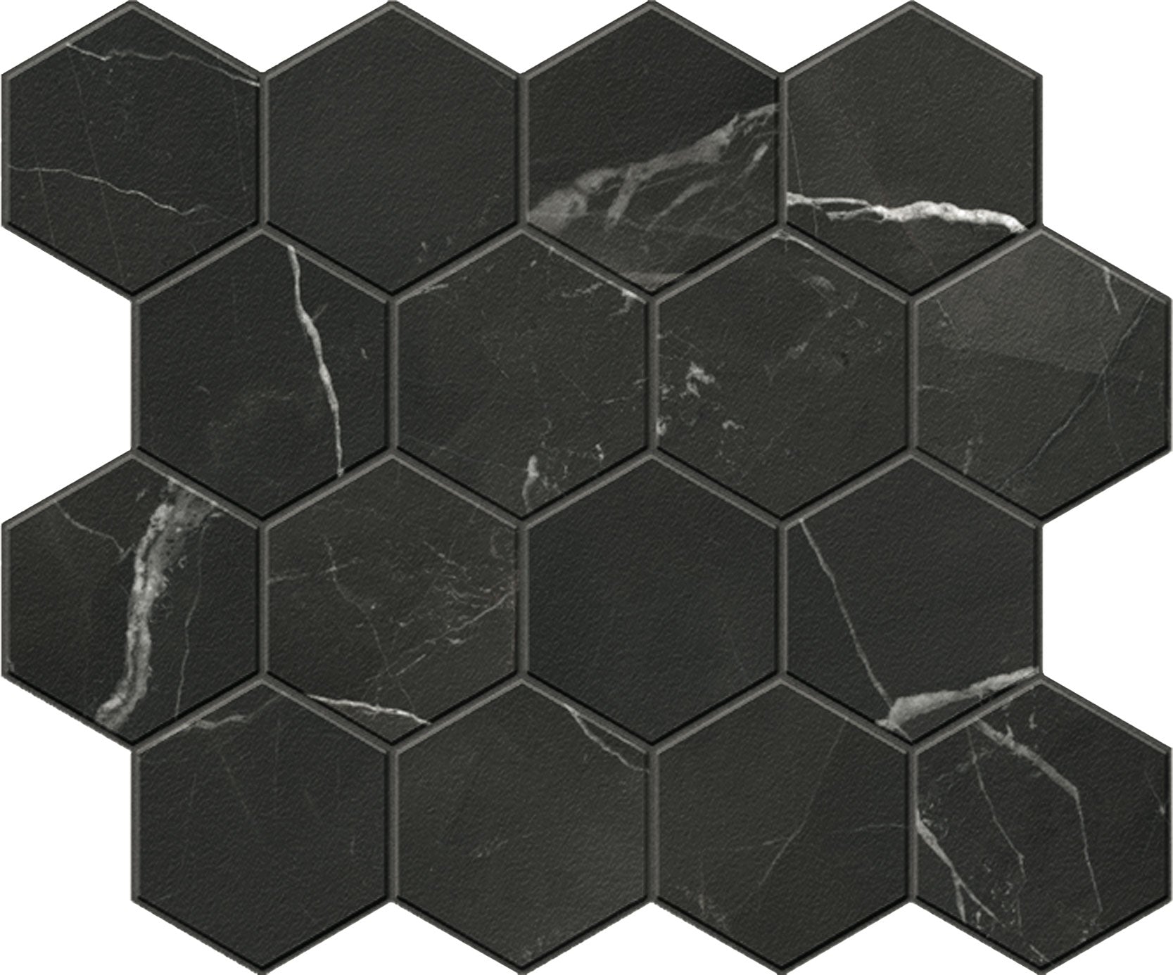 landmark 9mm charme evo calacatta black hexagon mosaic 12x10x9mm matte rectified porcelain tile distributed by surface group international