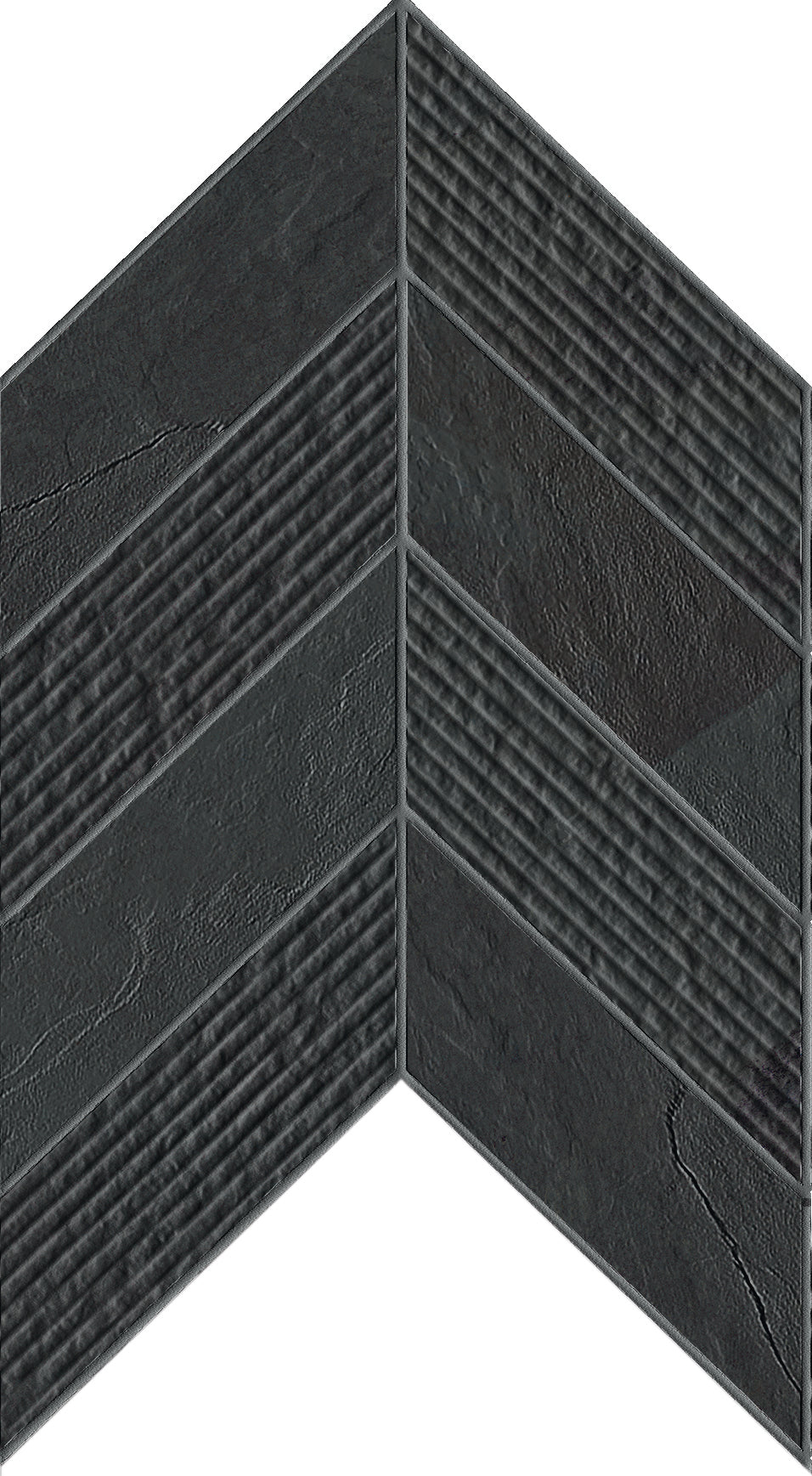 landmark 9mm essence montauk black mosaic chevron 3d wall mosaic 7_44x12x9mm matte rectified porcelain tile distributed by surface group international