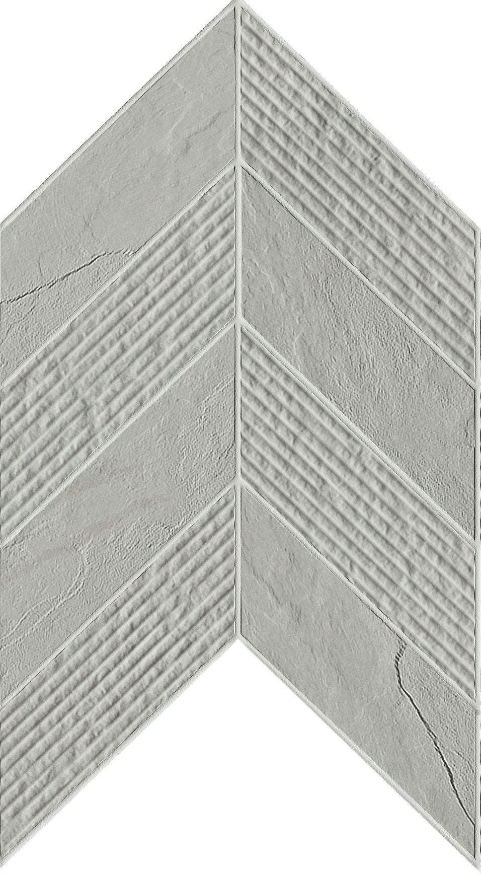 landmark 9mm essence montauk grey mosaic chevron 3d wall mosaic 7_44x12x9mm matte rectified porcelain tile distributed by surface group international