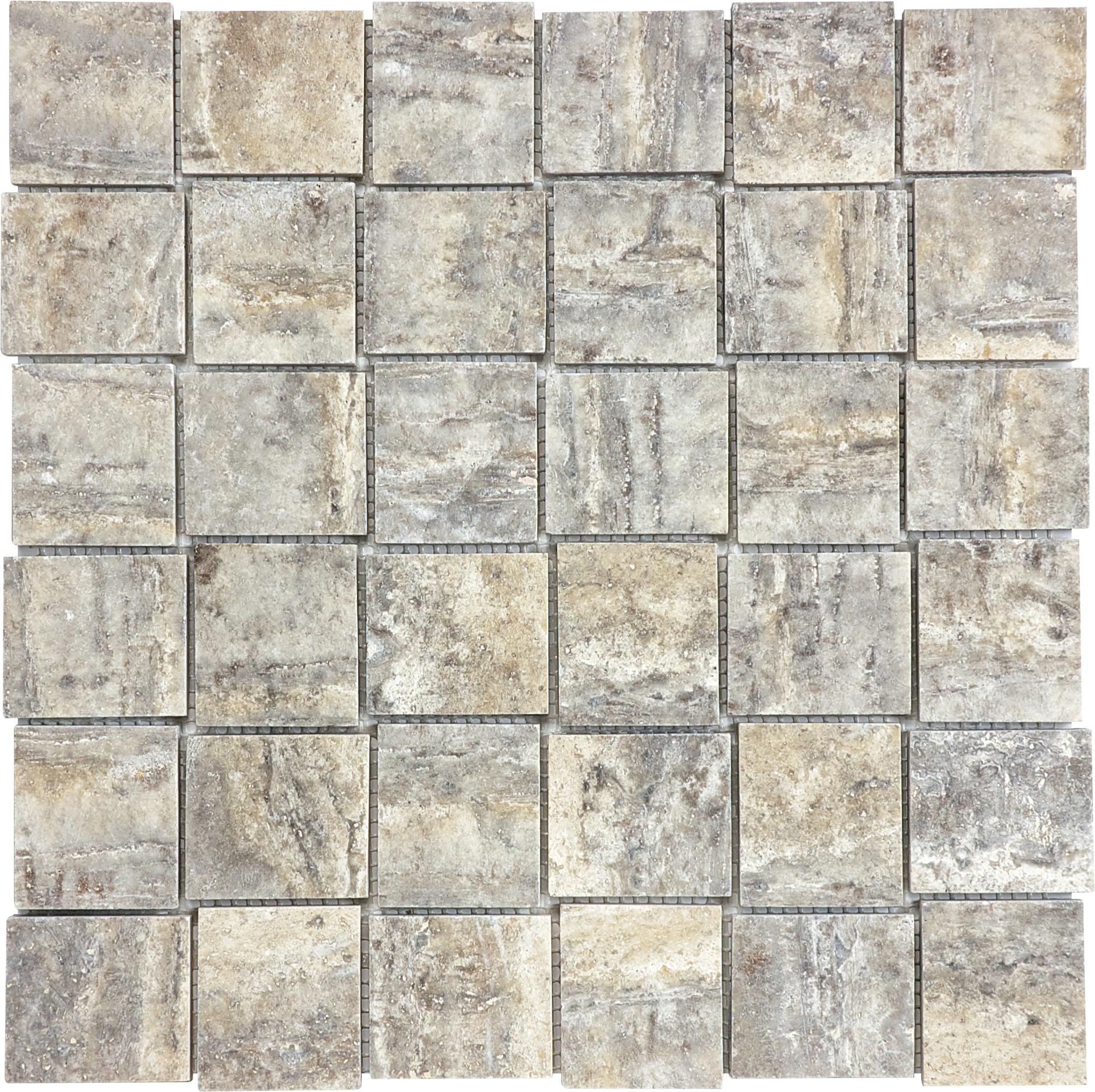 anatolia travertine silver ash veincut 2x2 inch basketweave natural stone mosaic polished straight edge mesh sold by surface group international