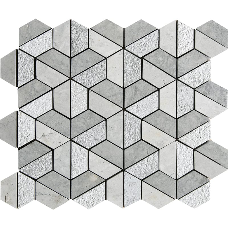 britannia blend limestone 3d hexagon shape 2 inch trapezoid natural stone mosaic sheet textured 10 and 3 of 8 by 12 by 3 of 8 straight edge for interior and exterior applications in shower kitchen bathroom backsplash floor and wall produced by marble systems and distributed by surface group international