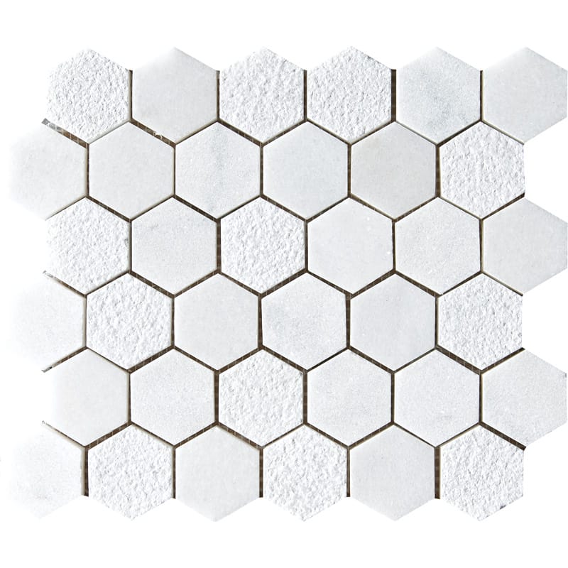 glacier marble hexagon shape shape natural stone mosaic sheet textured 10 and 3 of 8 by 12 by 3 of 8 straight edge for interior and exterior applications in shower kitchen bathroom backsplash floor and wall produced by marble systems and distributed by surface group international