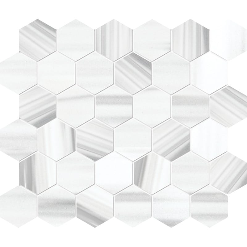 frost white marble hexagon shape shape natural stone mosaic sheet polished finish 10 and 3 of 8 by 12 by 3 of 8 straight edge for interior and exterior applications in shower kitchen bathroom backsplash floor and wall produced by marble systems and distributed by surface group international