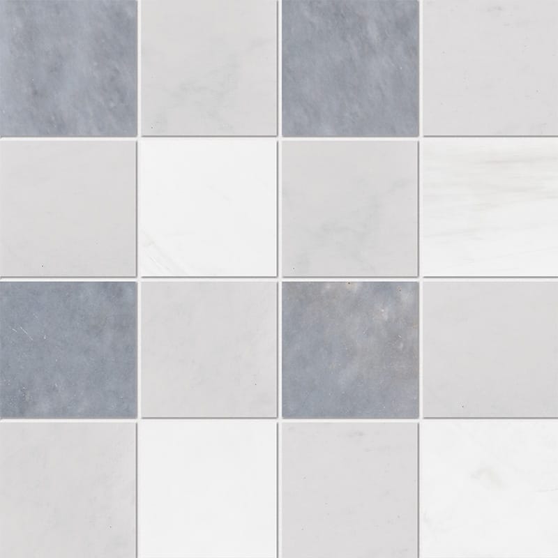 glacier allure light snow white marble grande chester 4 by 4 inch square shape natural stone mosaic sheet honed finish 16 by 16 by 3 of 8 straight edge for interior and exterior applications in shower kitchen bathroom backsplash floor and wall produced by marble systems and distributed by surface group international