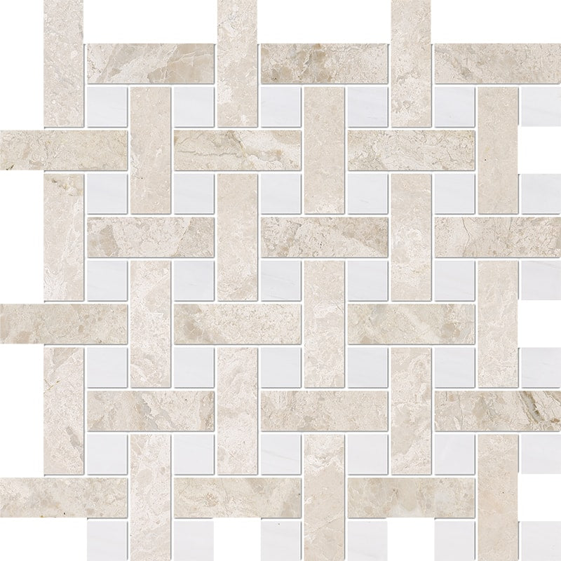 diana royal snow white marble basketweave 1 by 3 inch multi shape natural stone mosaic sheet honed finish polished finish 12 and 5 of 8 by 12 and 5 of 8 by 3 of 8 straight edge for interior and exterior applications in shower kitchen bathroom backsplash floor and wall produced by marble systems and distributed by surface group international