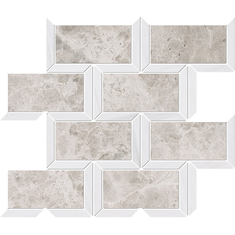 silver clouds snow white marble cascade multi shape natural stone mosaic sheet honed finish polished finish 9 and 5 of 8 by 11 and 13 of 16 by 3 of 8 straight edge for interior and exterior applications in shower kitchen bathroom backsplash floor and wall produced by marble systems and distributed by surface group international
