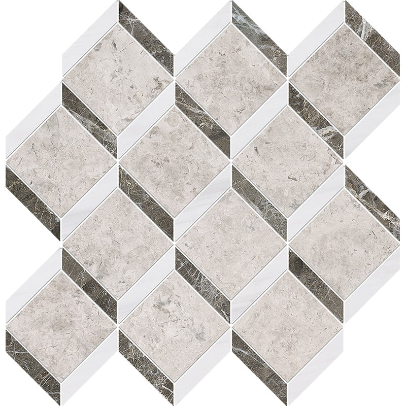 silver clouds snow white black marble steps 3d multi shape natural stone mosaic sheet honed finish polished finish 14 and 9 of 16 by 14 and 15 of 16 by 3 of 8 straight edge for interior and exterior applications in shower kitchen bathroom backsplash floor and wall produced by marble systems and distributed by surface group international