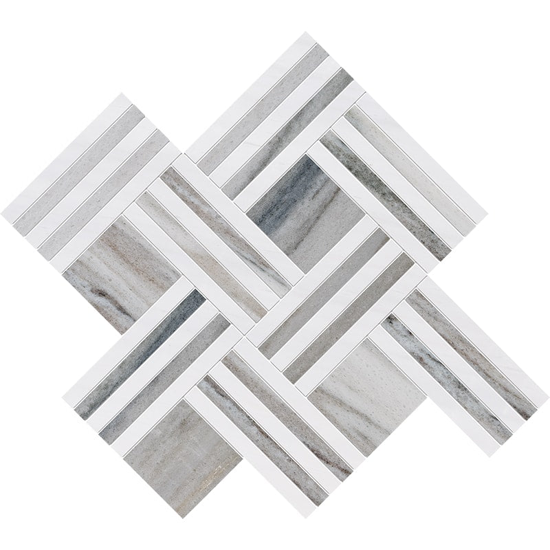 skyline snow white marble maze basket multi shape natural stone mosaic sheet honed finish polished finish 14 and 15 of 16 by 17 and 11 of 16 by 3 of 8 straight edge for interior and exterior applications in shower kitchen bathroom backsplash floor and wall produced by marble systems and distributed by surface group international