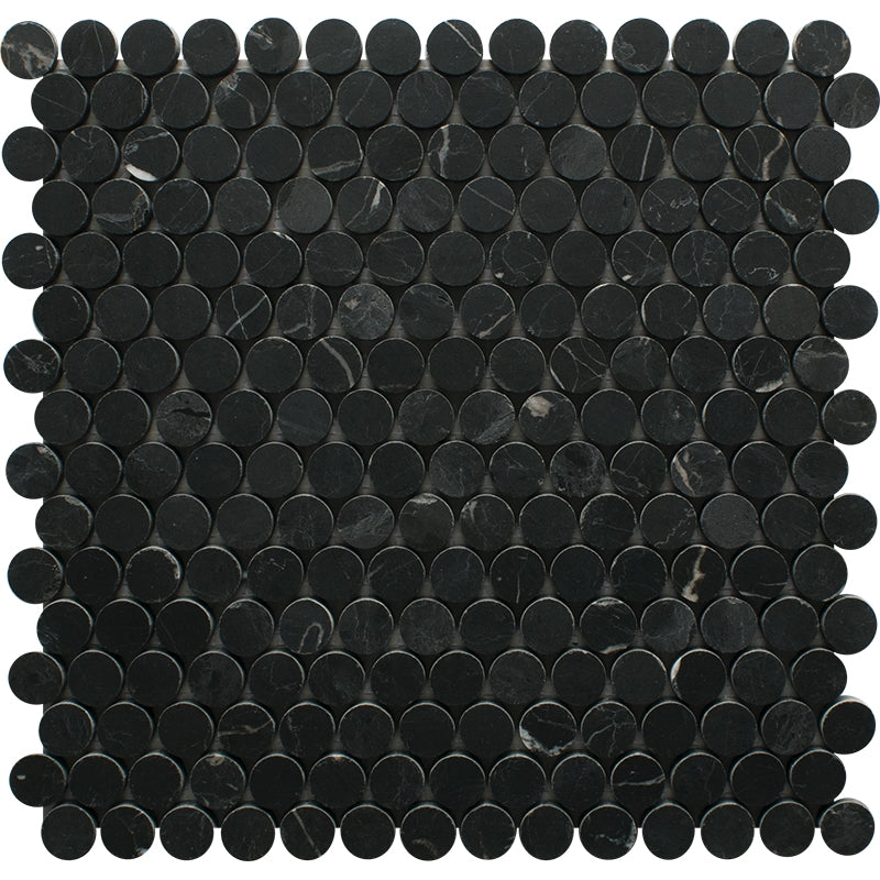 black marble penny round circle natural stone mosaic sheet honed finish 11 and 1 of 4 by 11 and 3 of 4 by 3 of 8 straight edge for interior and exterior applications in shower kitchen bathroom backsplash floor and wall produced by marble systems and distributed by surface group international