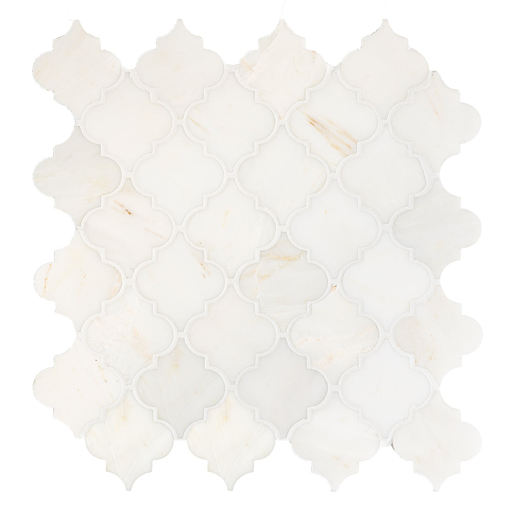 calacatta amber marble arabesque shape shape shape natural stone mosaic sheet honed finish 12 by 12 by 3 of 8 straight edge for interior and exterior applications in shower kitchen bathroom backsplash floor and wall produced by marble systems and distributed by surface group international