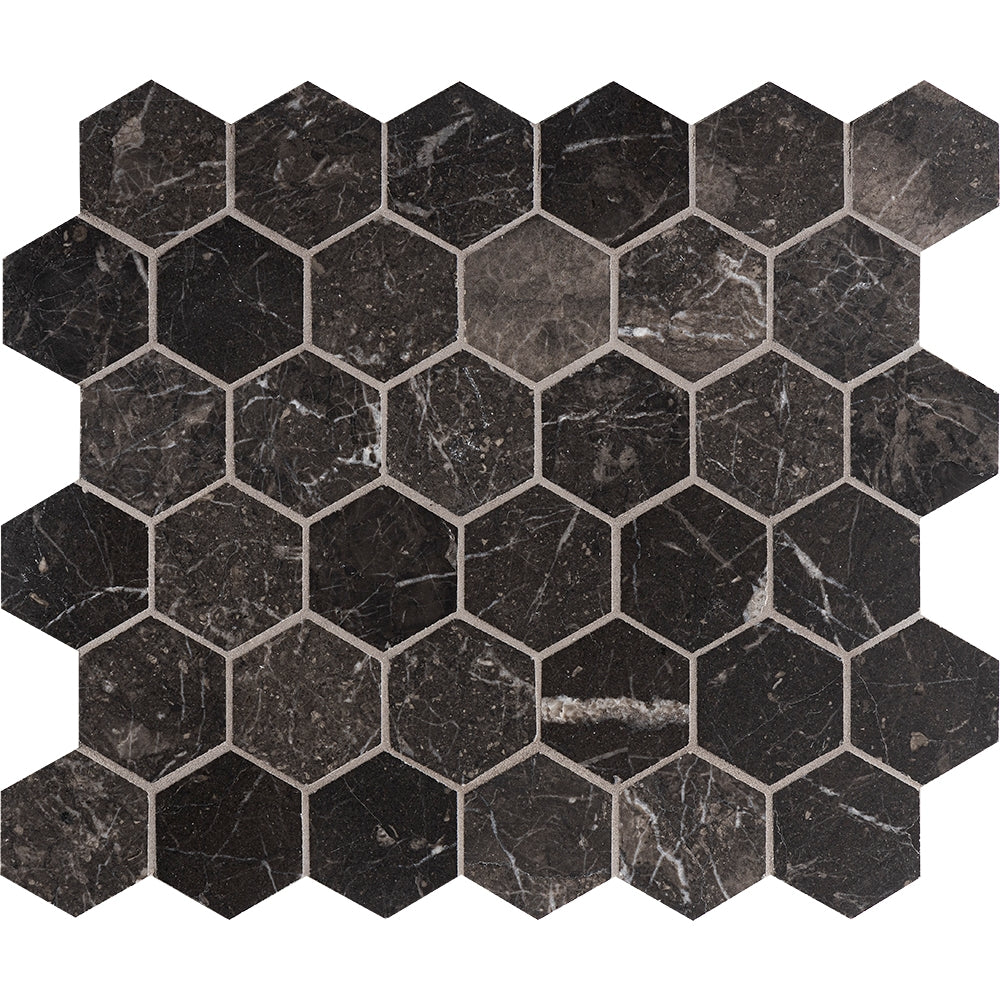 iris black marble hexagon shape shape natural stone mosaic sheet honed finish 10 and 3 of 8 by 12 by 3 of 8 straight edge for interior and exterior applications in shower kitchen bathroom backsplash floor and wall produced by marble systems and distributed by surface group international