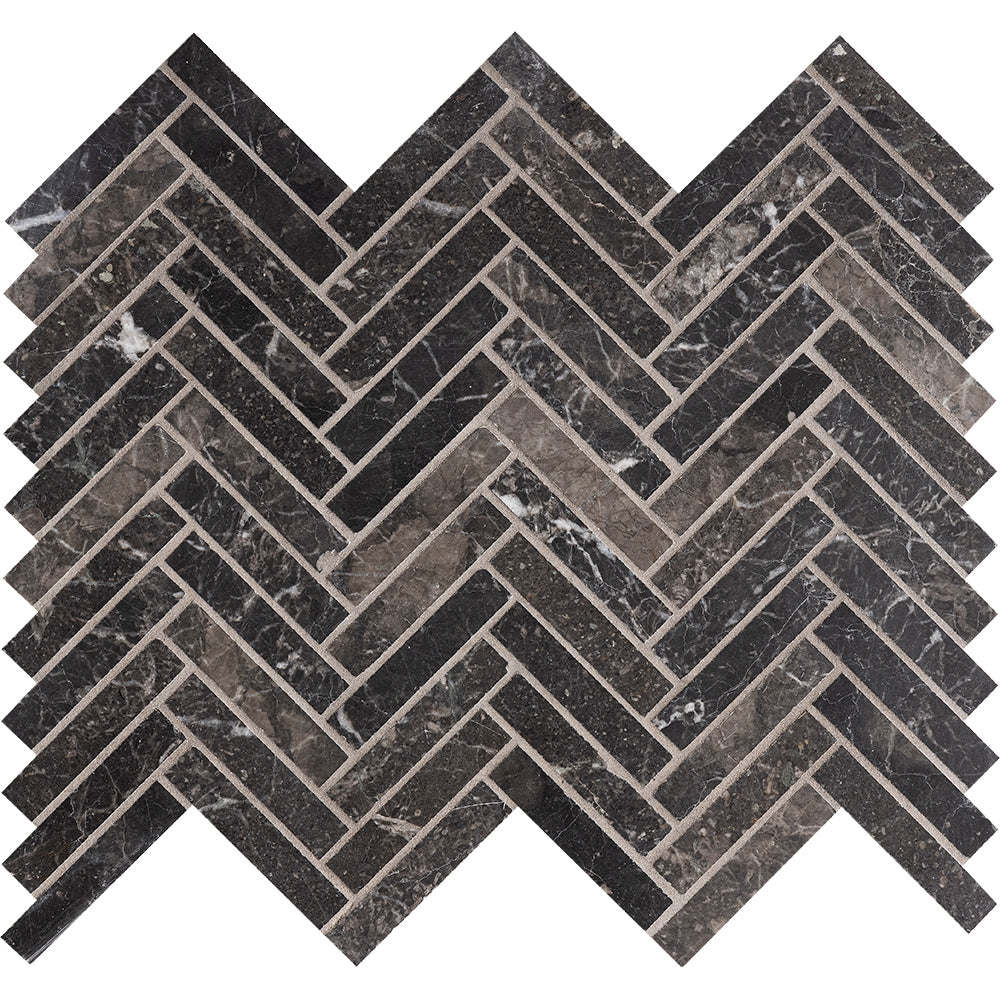 iris black marble herringbone 5 of 8 by 2 inch rectangle shape natural stone mosaic sheet honed finish 12 and 1 of 8 by 13 and 3 of 8 by 3 of 8 straight edge for interior and exterior applications in shower kitchen bathroom backsplash floor and wall produced by marble systems and distributed by surface group international