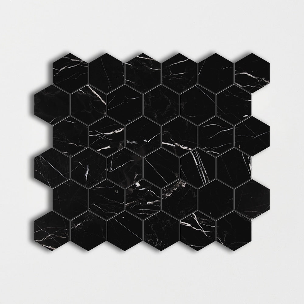 black marble hexagon shape shape natural stone mosaic sheet honed finish 12 by 12 by 3 of 8 straight edge for interior and exterior applications in shower kitchen bathroom backsplash floor and wall produced by marble systems and distributed by surface group international