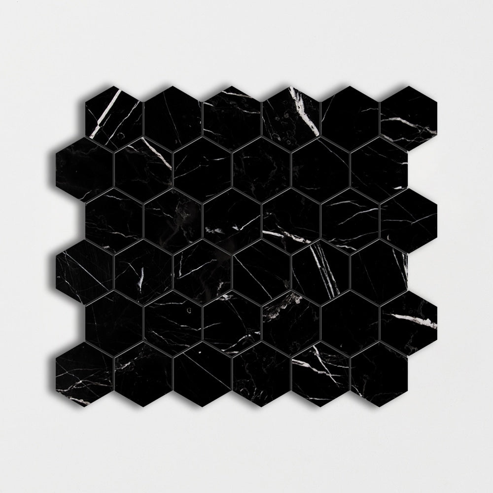 black marble hexagon shape shape natural stone mosaic sheet polished finish 12 by 12 by 3 of 8 straight edge for interior and exterior applications in shower kitchen bathroom backsplash floor and wall produced by marble systems and distributed by surface group international