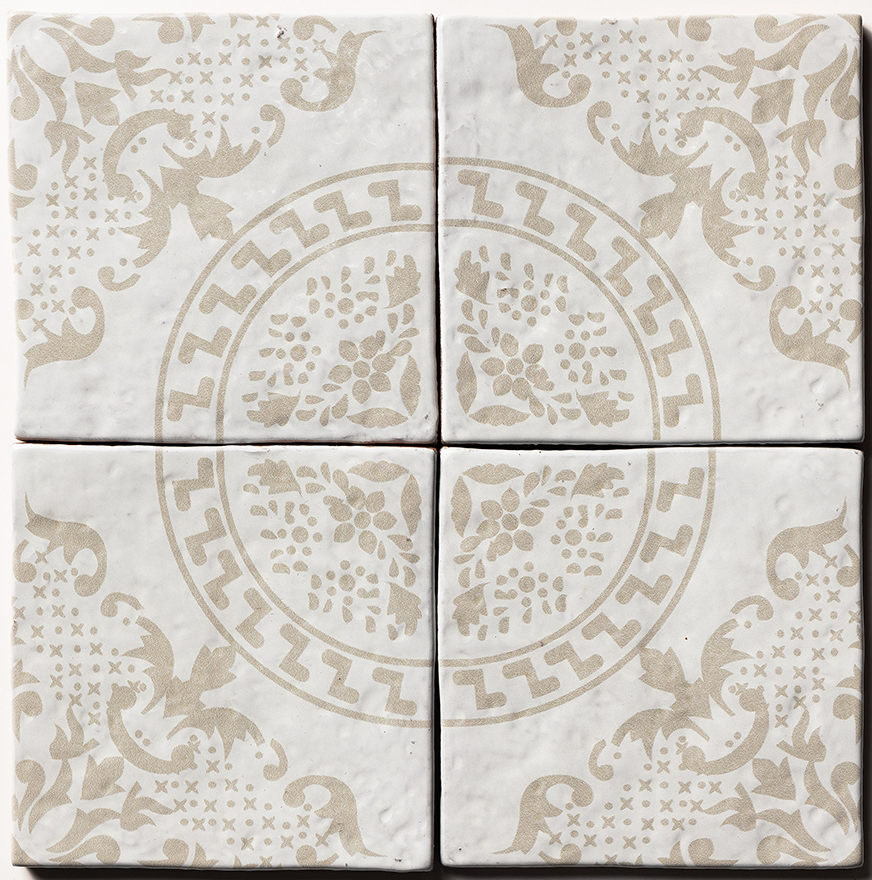 antigua 6 antique glazed terracotta deco tile size six by six sold by surface group manufactured by marble systems used for kitchen backsplashes living room accent walls and bathroom walls