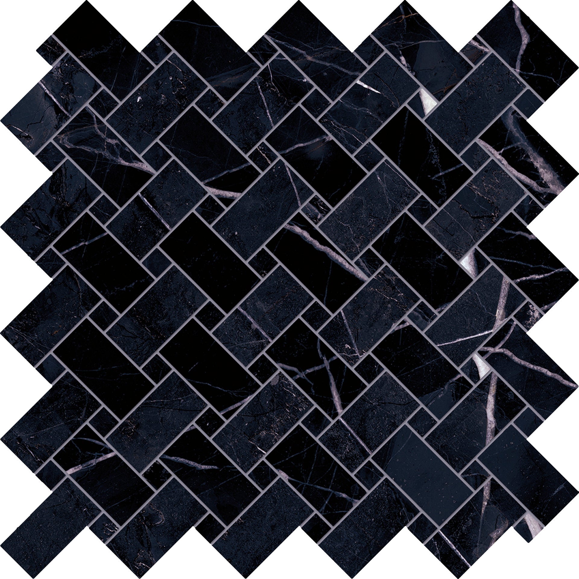 Tele Di Marmo Revolution: Marble Calacatta Black Basketweave Mosaic (12"x12"x9.5-mm | matte)