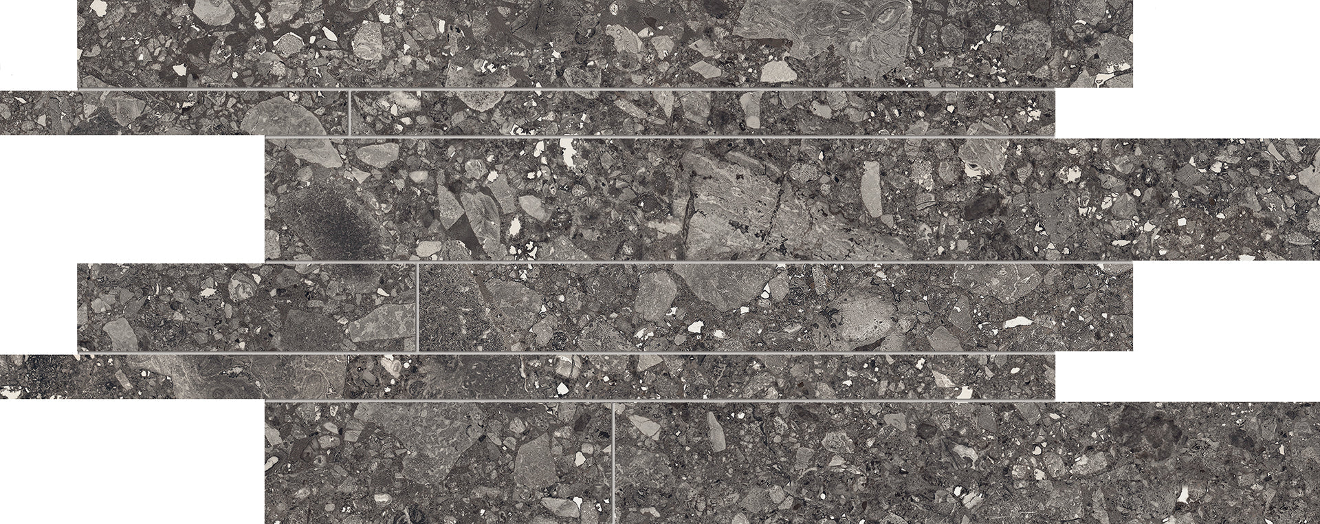 Lombarda: Stone Nero Listelli Sfalsati Slides Mosaic (12"x24"x9.5-mm | matte)