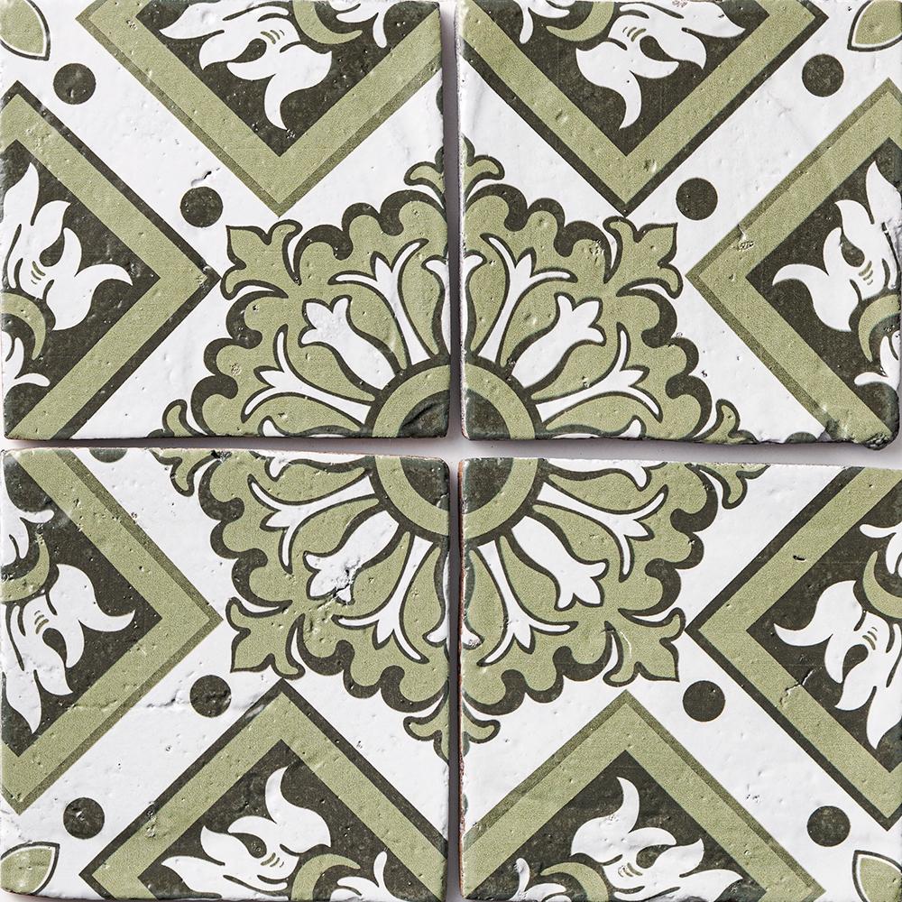 palena 1 antique glazed terracotta deco tile size six by six sold by surface group manufactured by marble systems used for kitchen backsplashes living room accent walls and bathroom walls